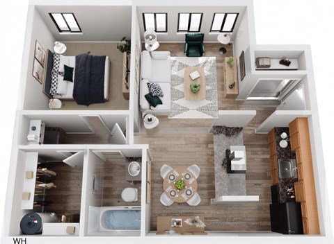 Floor plan for 1 bed, 1 bath, 643 sqft